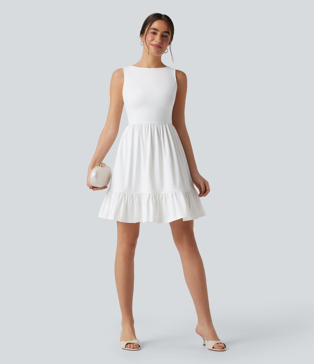 Robe mini col bateau dos échancré avec nœud