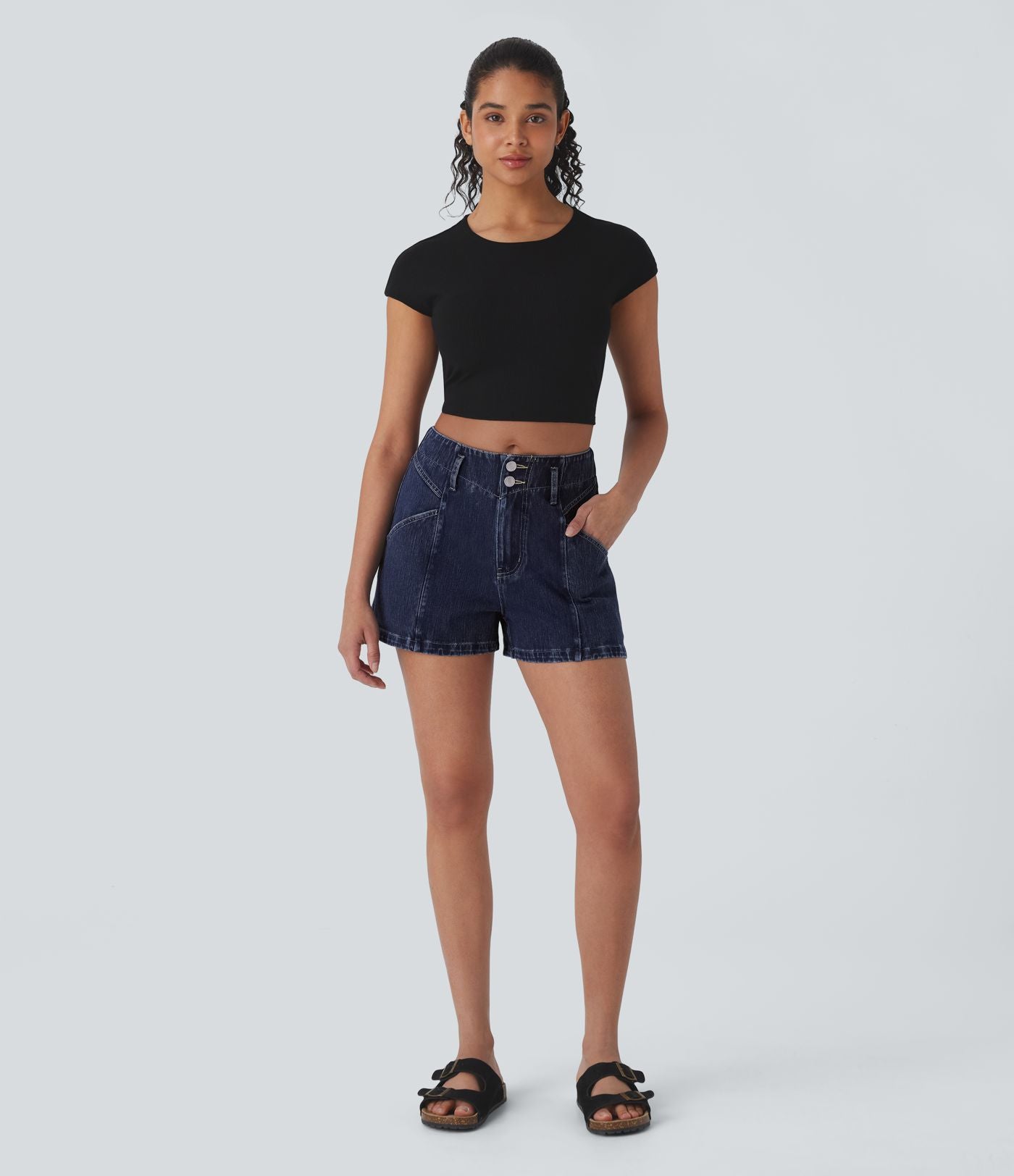 Short en denim extensible Halara Flex™ à taille moyenne avec bouton, fermeture éclair et poches latérales 7,5 cm