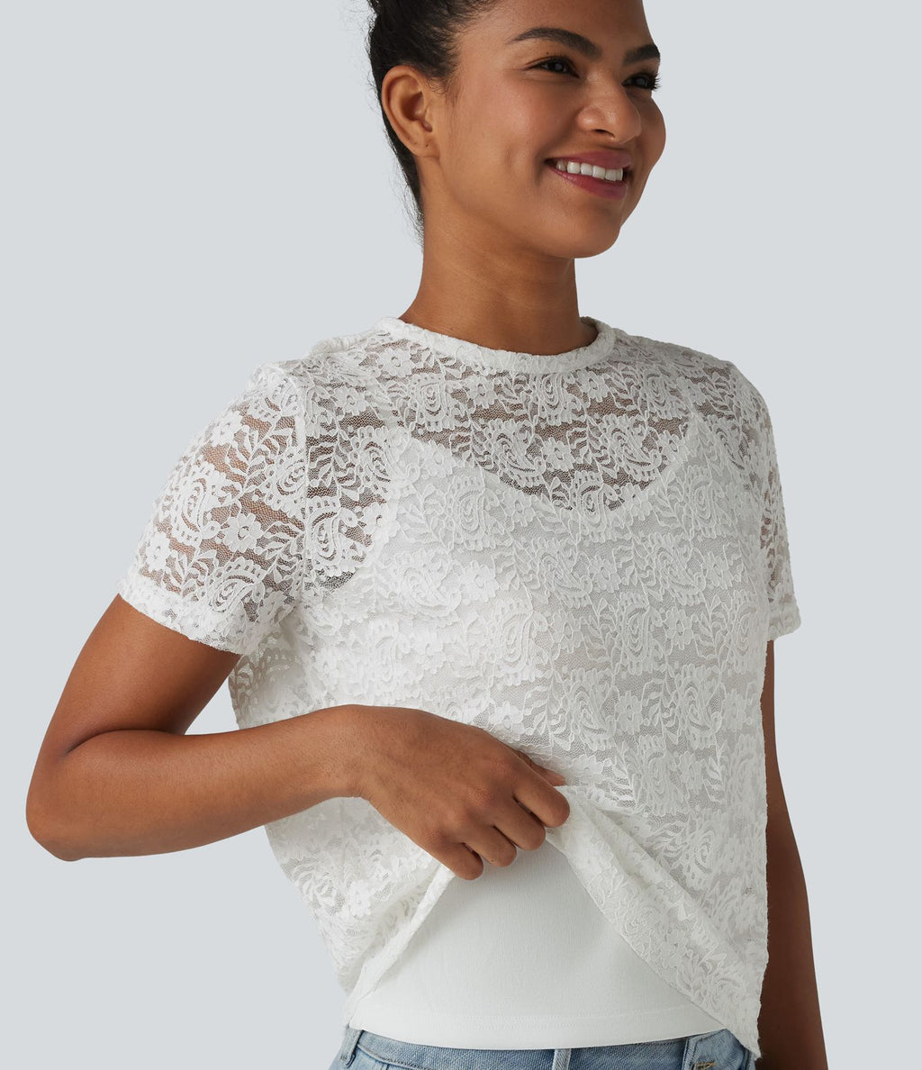 T-shirt casual 2-en-1 en dentelle col rond à manches courtes