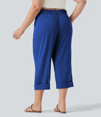 Pantalon de villégiature capri effet lin, grande taille, taille haute, avec poches