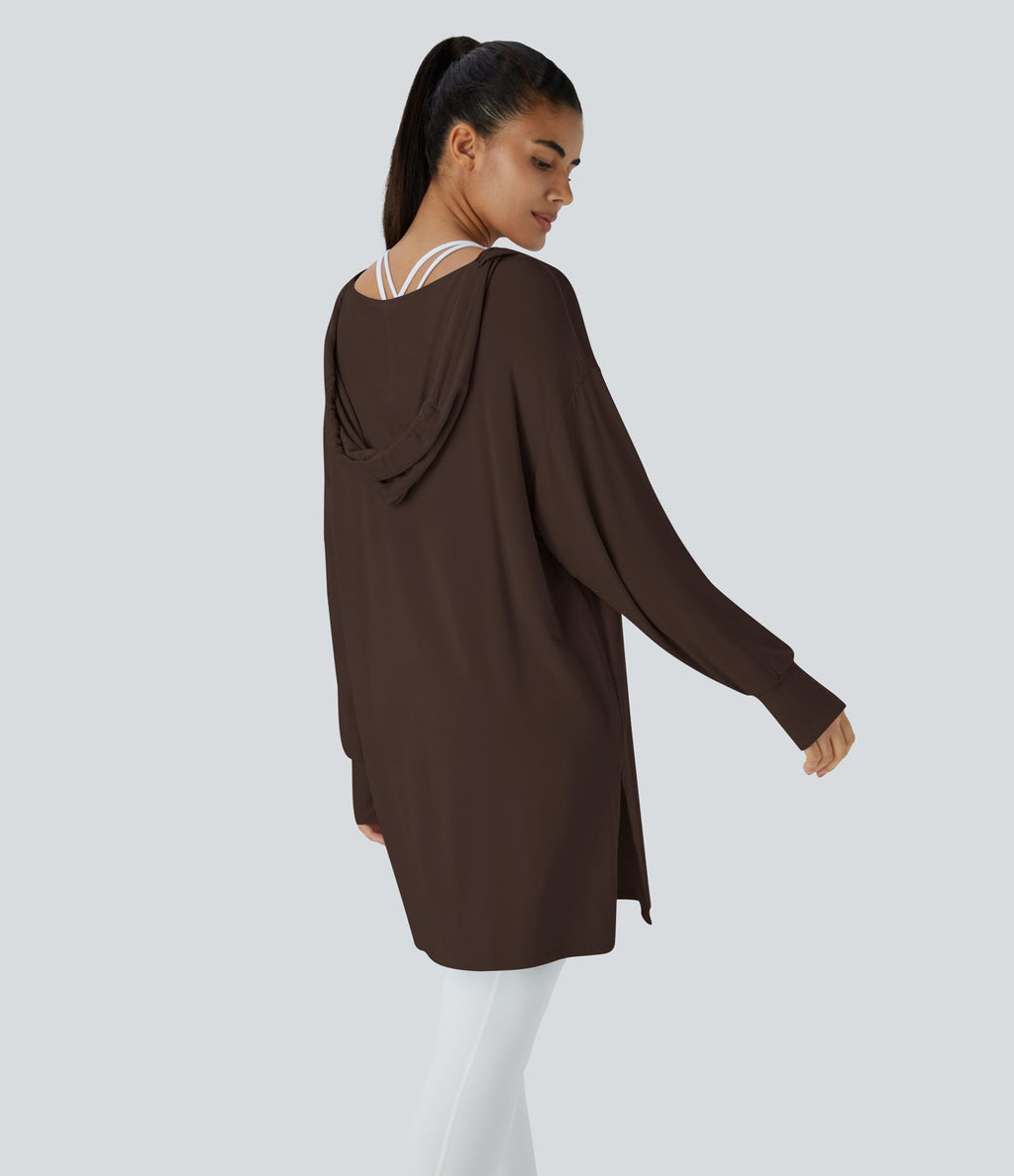 Sweatshirt Casual à Capuche Encolure en V Cordon de Serrage Trou pour le Pouce Fente et Coupe Longue