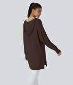 Sweatshirt Casual à Capuche Encolure en V Cordon de Serrage Trou pour le Pouce Fente et Coupe Longue