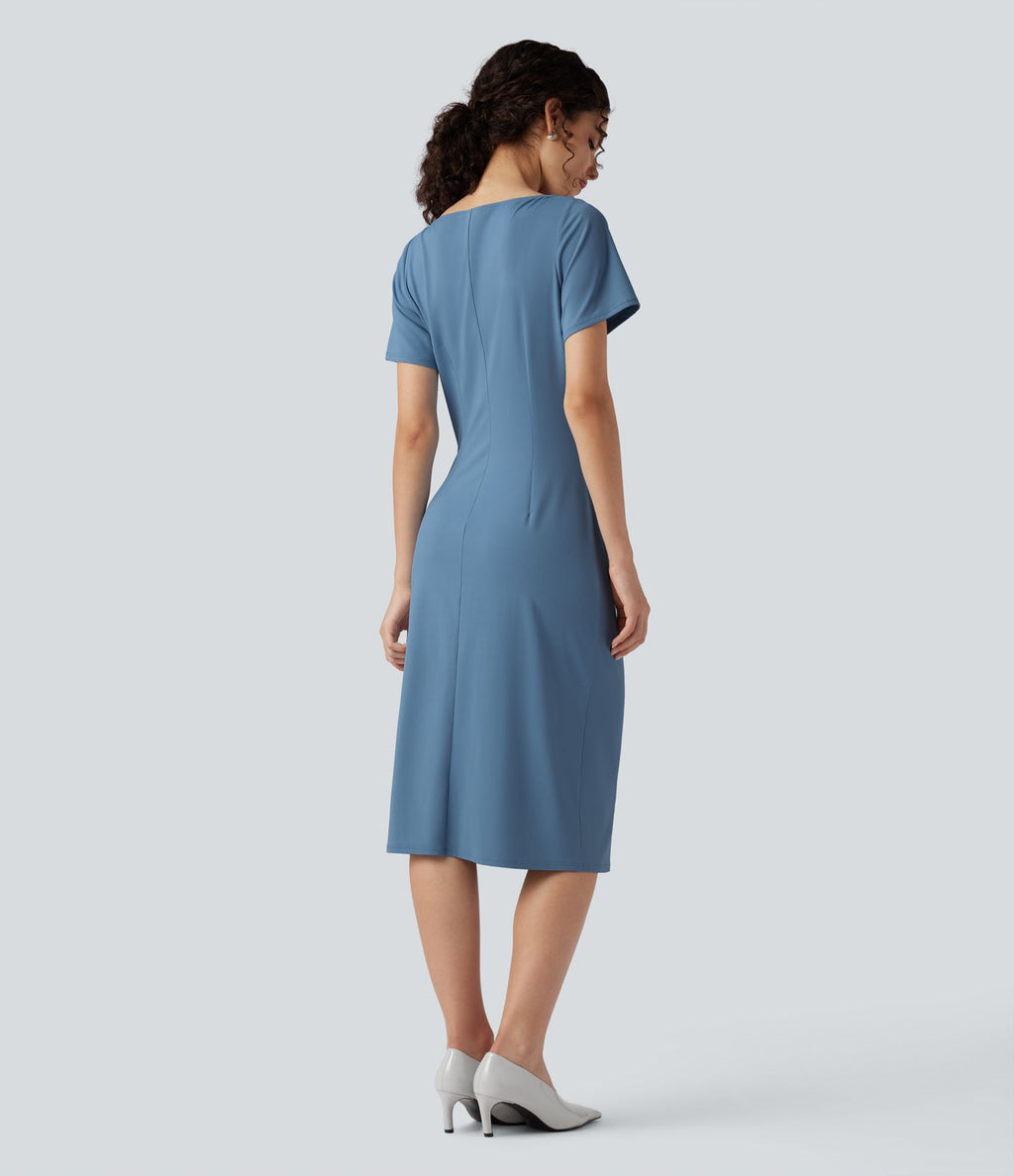 Robe tailleur mi-longue moulante manches courtes froncée