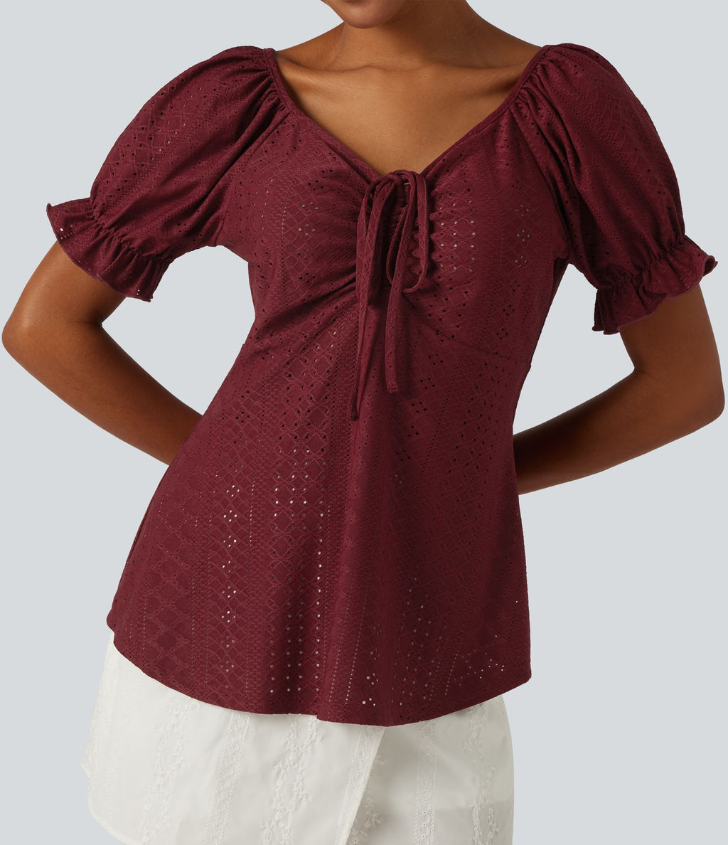 Blouse décontractée col V manches courtes bouffantes lacée ajourée