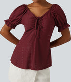 Blouse décontractée col V manches courtes bouffantes lacée ajourée