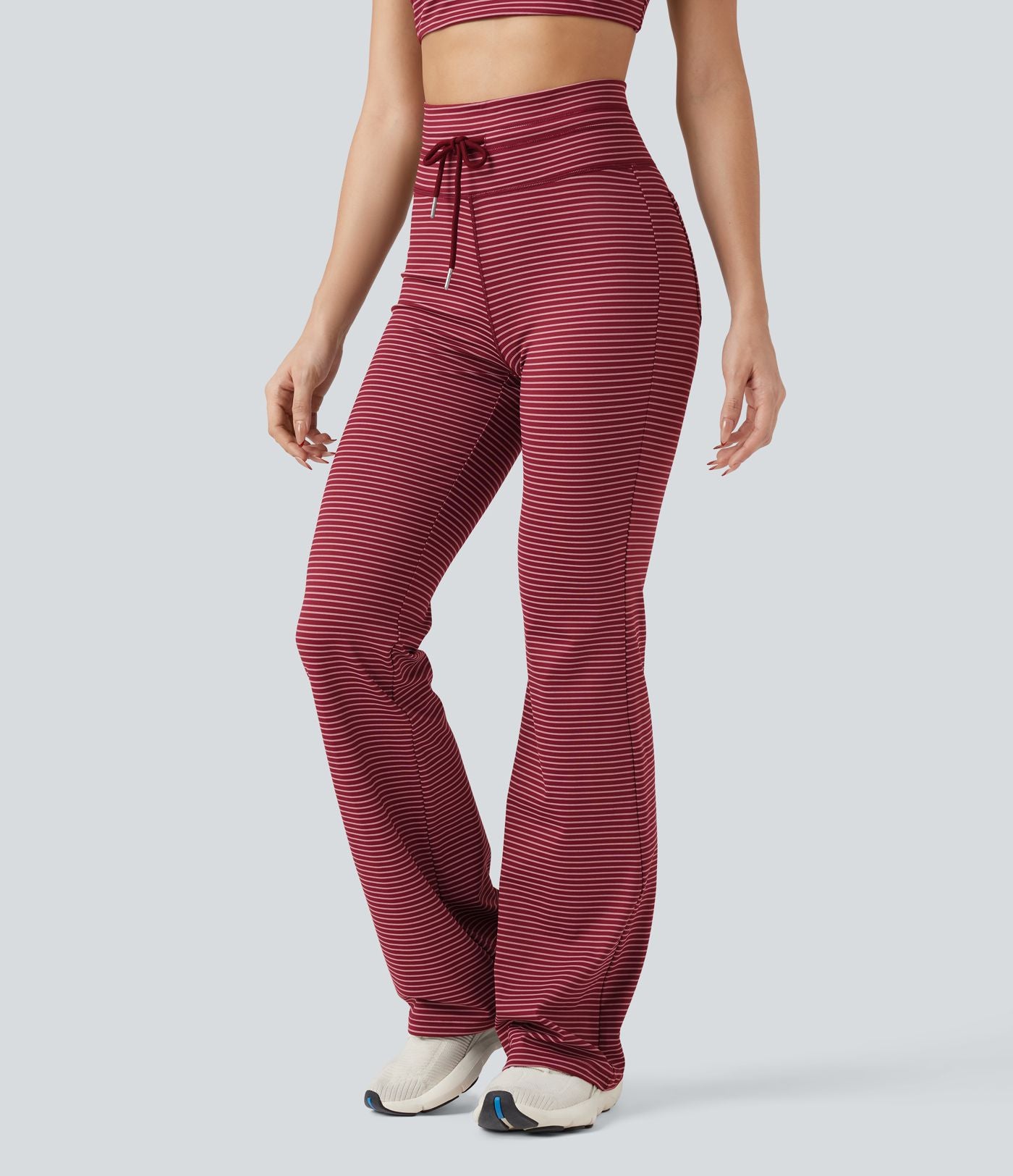 Pantalon de yoga évasé à rayures, taille haute, cordon et poches