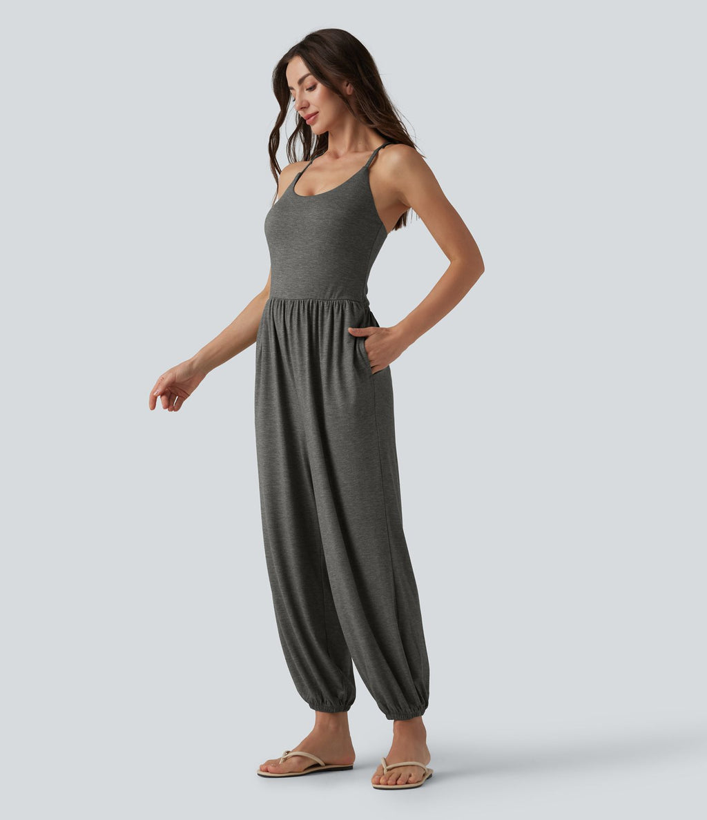 Combinaison décontractée chinée sans manches à dos croisé et soutien-gorge intégré, avec poches - Easy Peasy