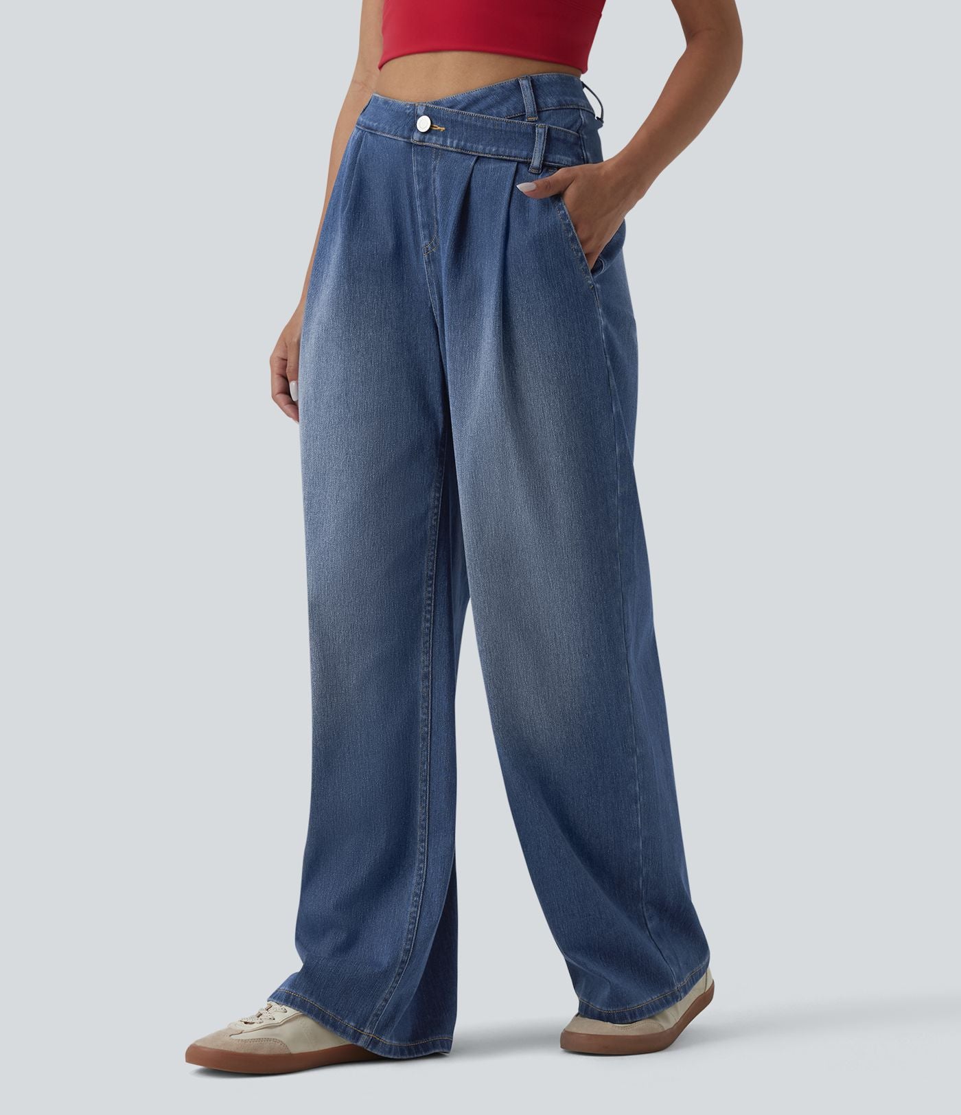 Halara Flex™ Jean large décontracté asymétrique taille haute délavé avec poches