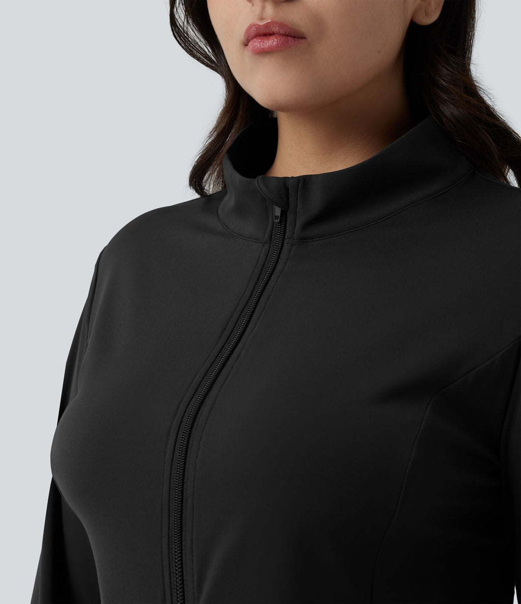SoftlyZero™ Veste de randonnée grande taille ajustée zippée plissée à col montant avec passants pouces et poches - UPF50+