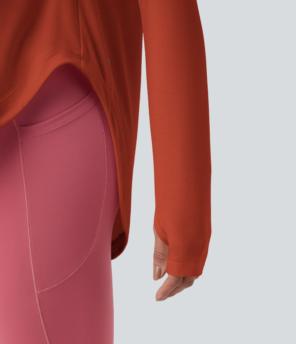 Top de sport yoga une épaule séchage rapide ourlet arrondi asymétrique manches longues avec trous pouces - Brassière intégrée