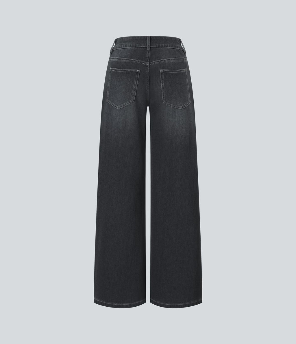 Halara Flex™ Jean Large Casual Taille Basse avec Boutons Zip Multiples Poches Lavés Élastiques et Tricotés