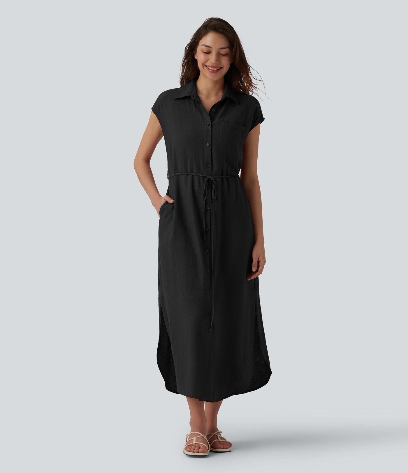 Robe chemise casual mi-longue col manches courtes ceinturée ourlet arrondi avec fente et poches