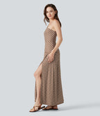 Robe longue décontractée à rayures, asymétrique, sans manches, en maille côtelée, avec poche