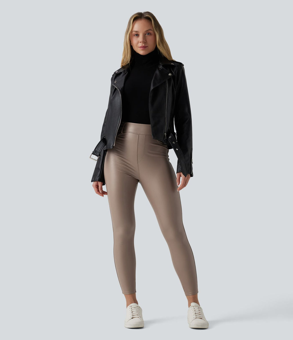 Pantalon polaire simili cuir extensible taille haute avec poches