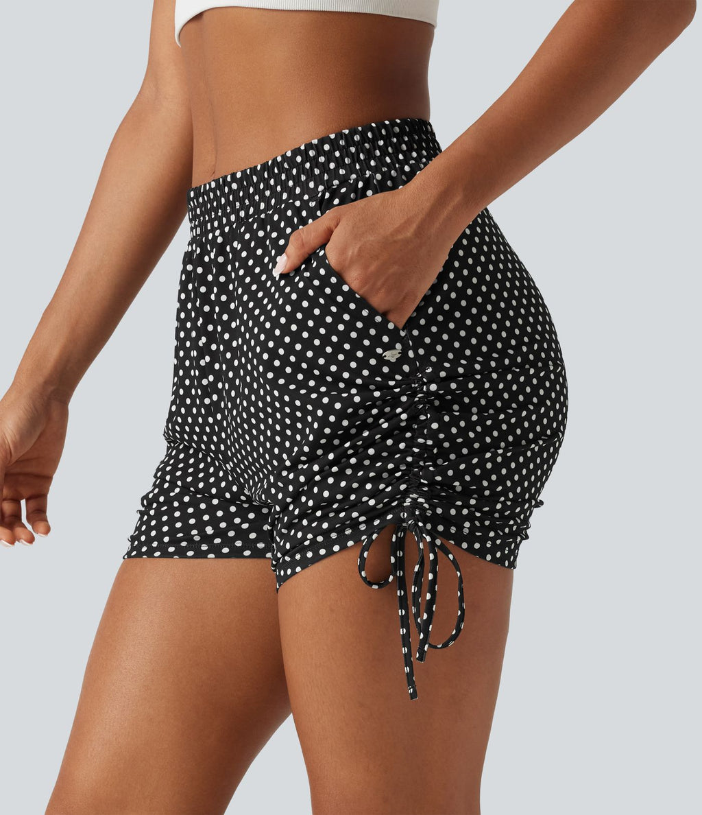 Short à pois 8 cm taille mi-haute avec bas froncé, laçage et poches