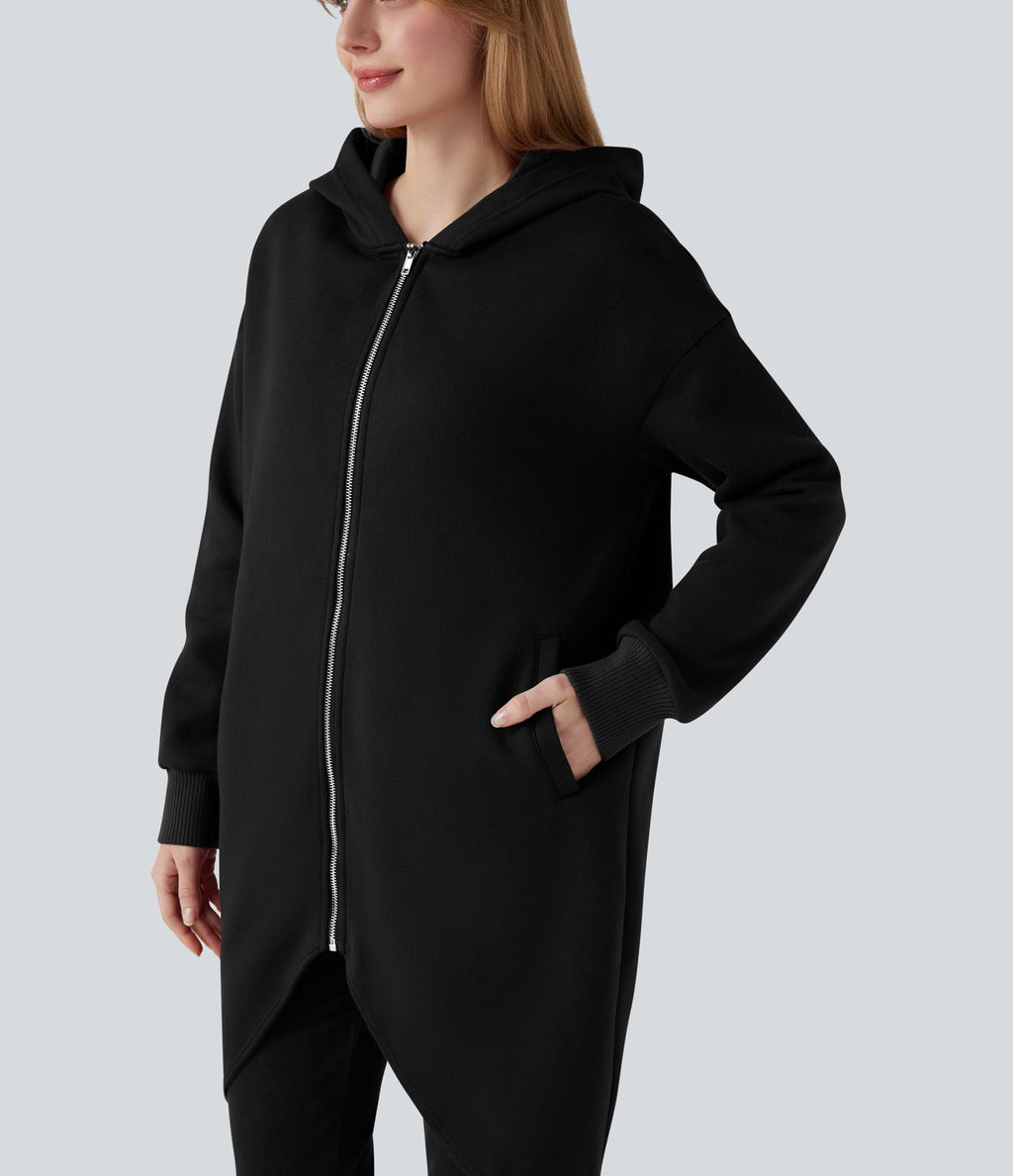 Sweat-shirt long en coton à capuche zippé à manches longues avec ourlet arrondi et poches