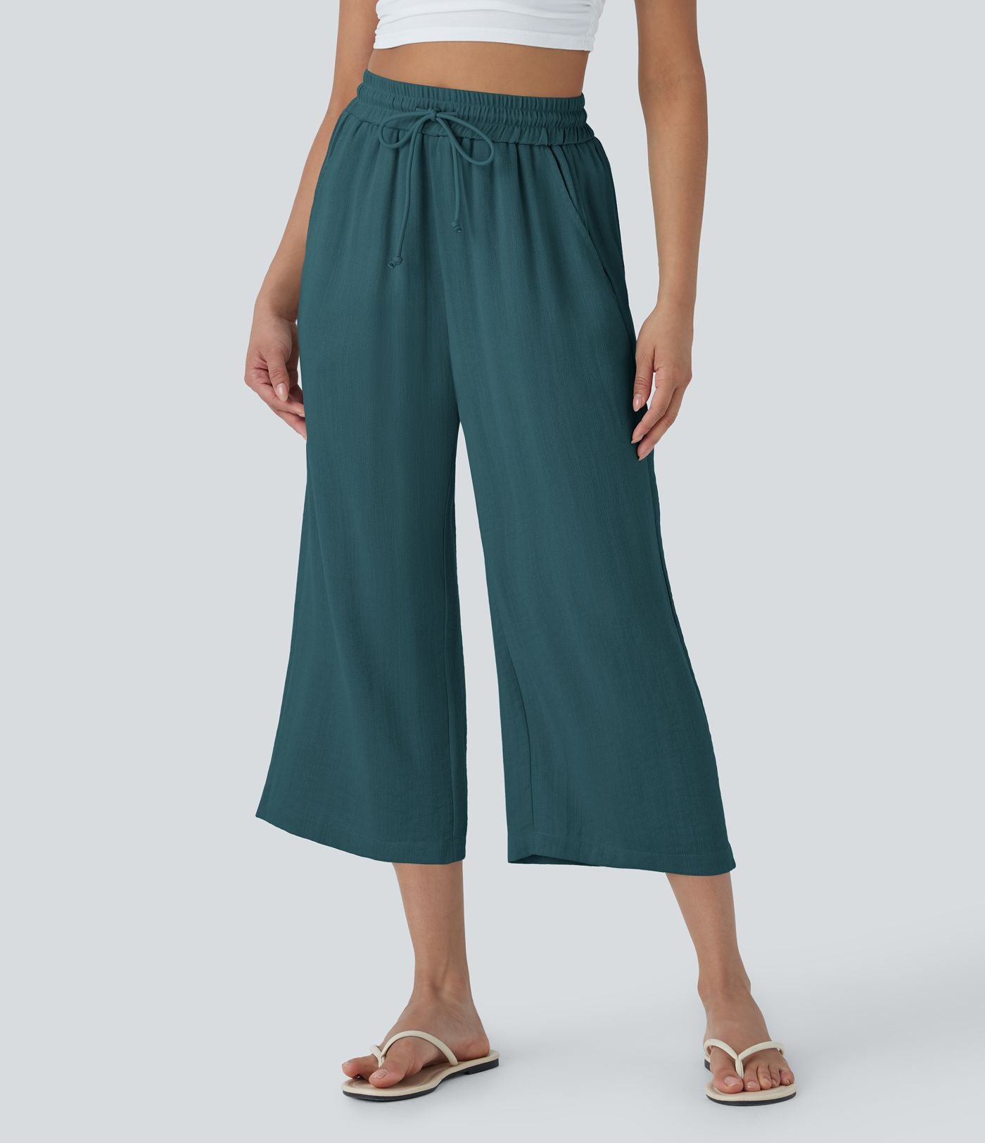Pantalon décontracté aspect lin 7/8 à taille haute, jambe large avec cordon de serrage et poches latérales