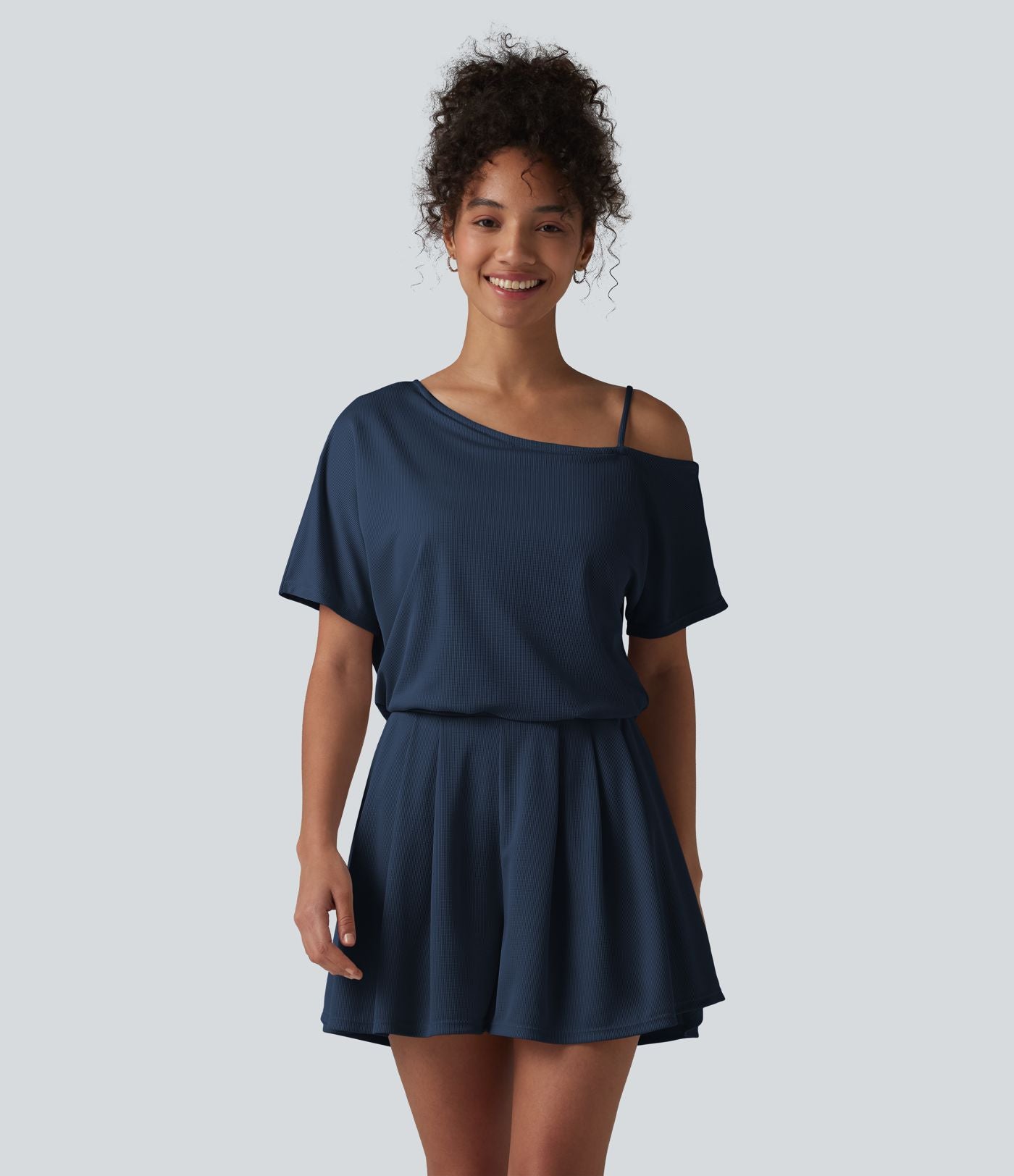 Combishort casual asymétrique manches courtes plissé en nid d'abeille avec poches - Édition Easy Peasy