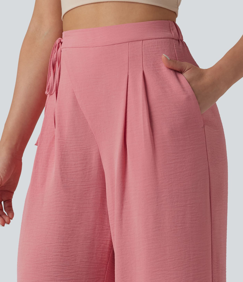 Pantalon détente  effet lin taille haute, cordon latéral avec poches