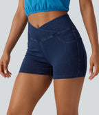 Halara Flex™  Shorts 7,5cm Denim Casual Taille Haute Poches Latérales Croisées en Maille Extensible