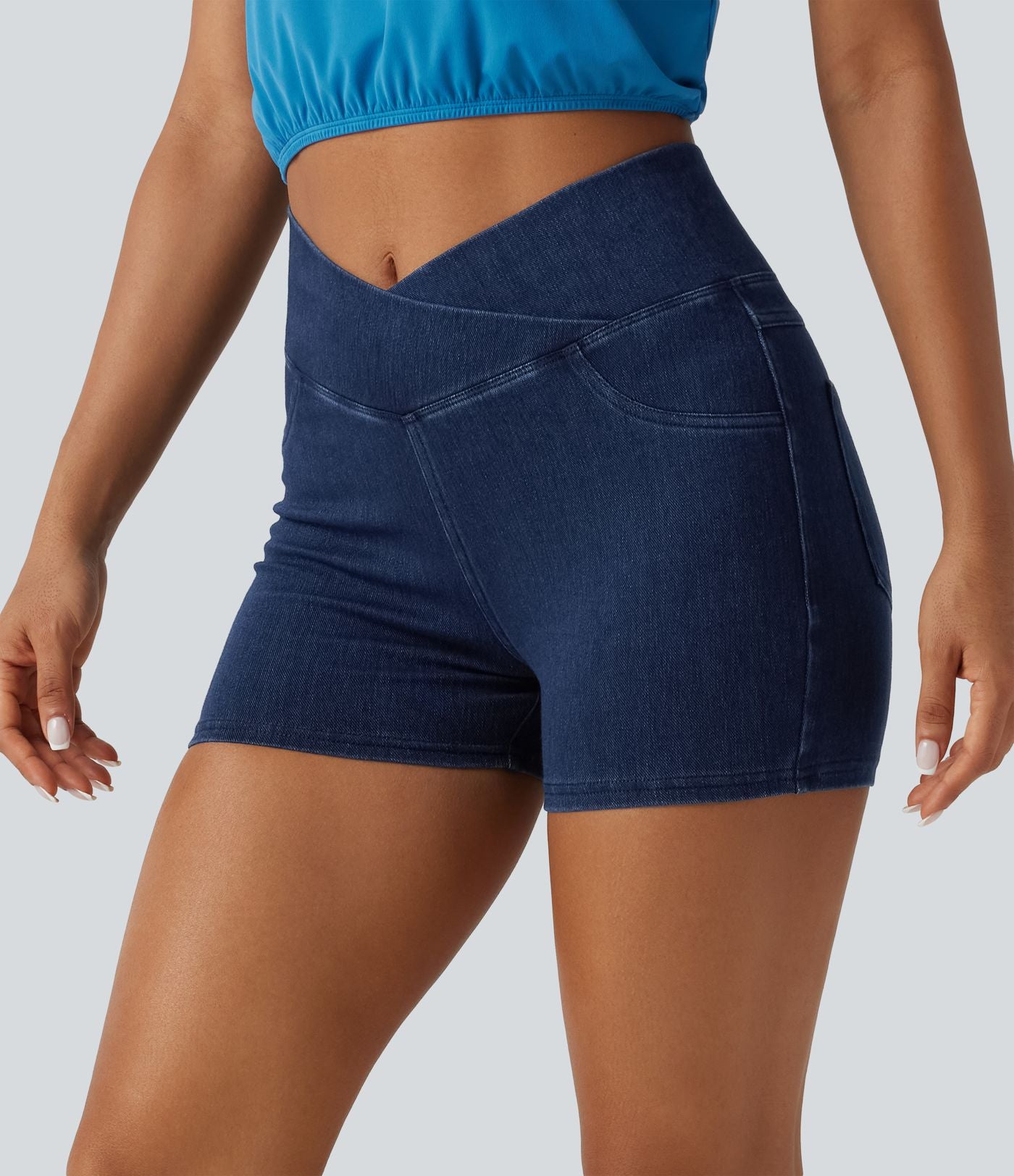 Halara Flex™  Shorts 7,5cm Denim Casual Taille Haute Poches Latérales Croisées en Maille Extensible
