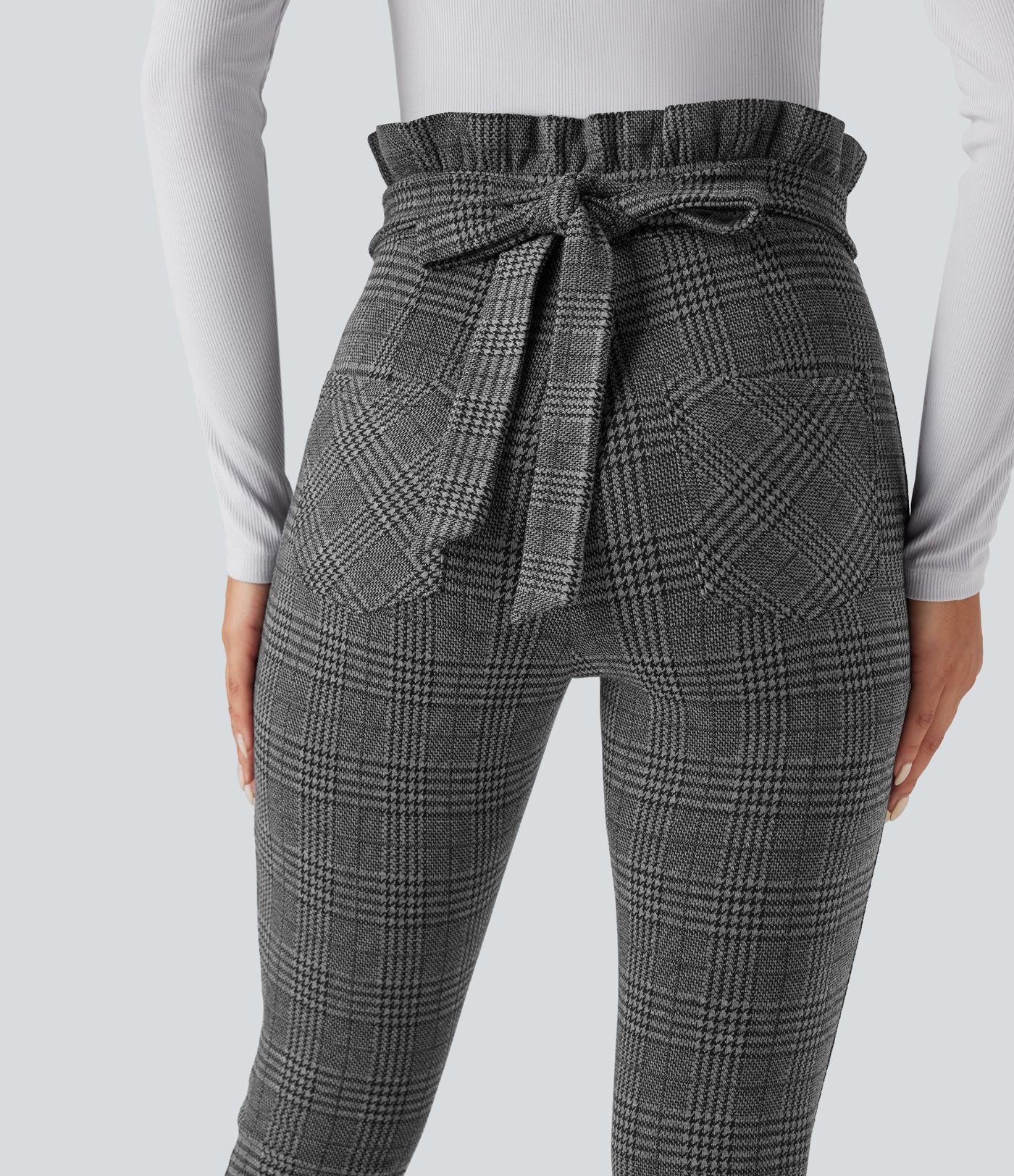 Pantalon tailleur skinny Halara Flex™ paper bag pied-de-poule carreaux taille haute à nœud avec poches