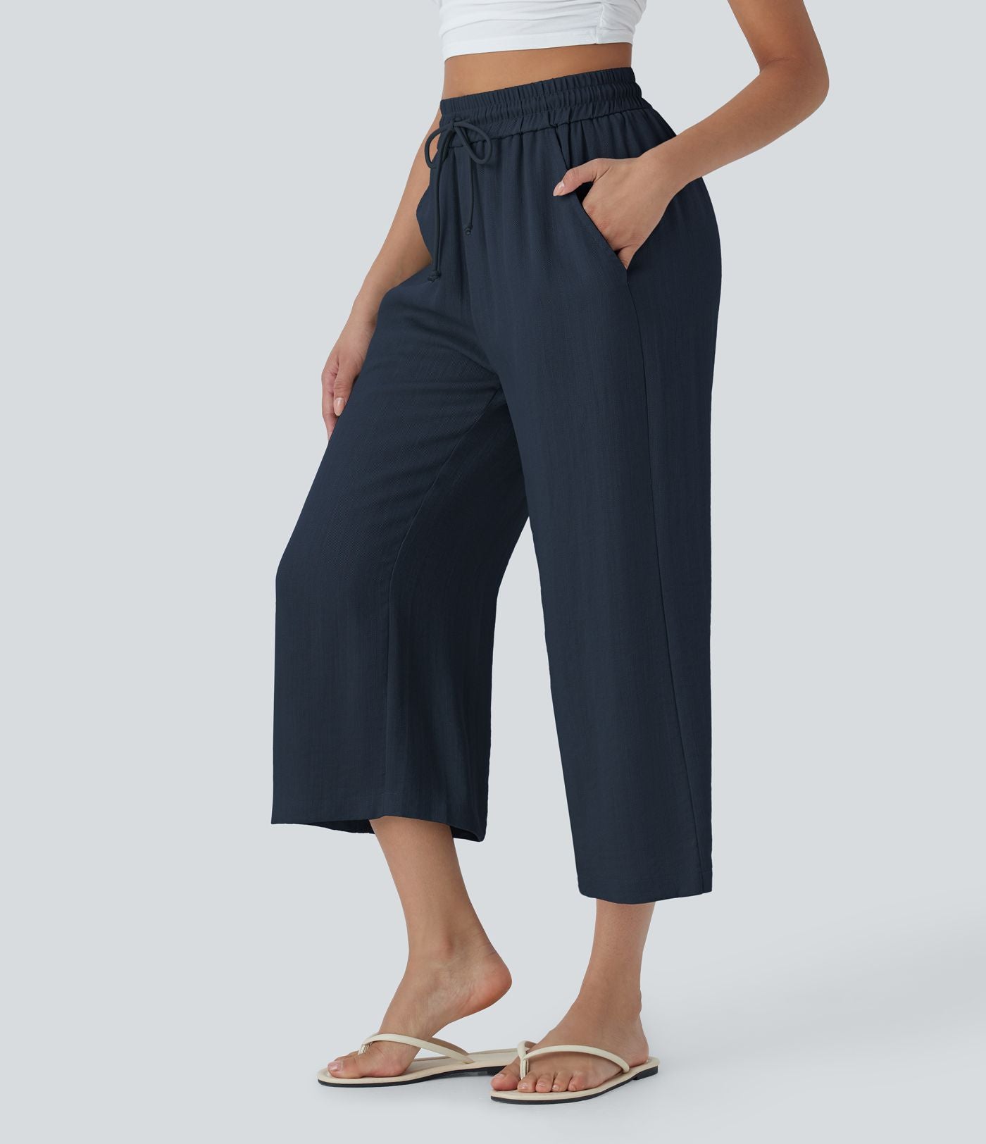 Pantalon décontracté aspect lin 7/8 à taille haute, jambe large avec cordon de serrage et poches latérales