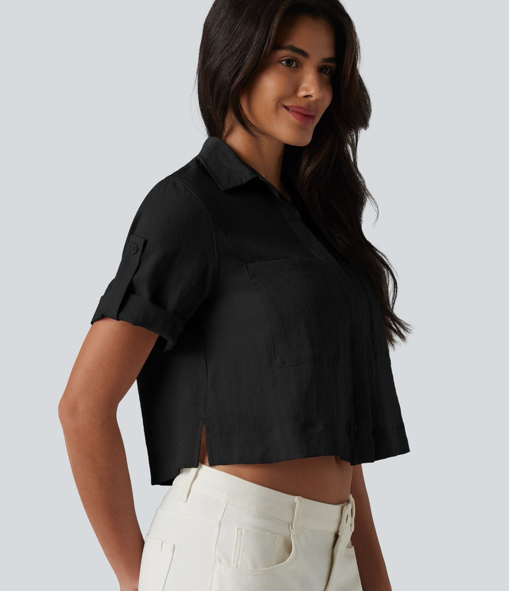 Chemise courte col classique manches courtes retroussées en mélange lin avec poches
