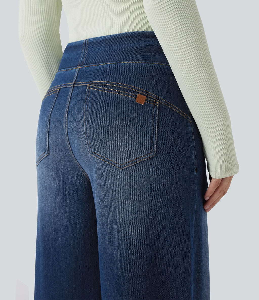 Jean décontracté Halara Flex™ large taille haute effet délavé avec poches