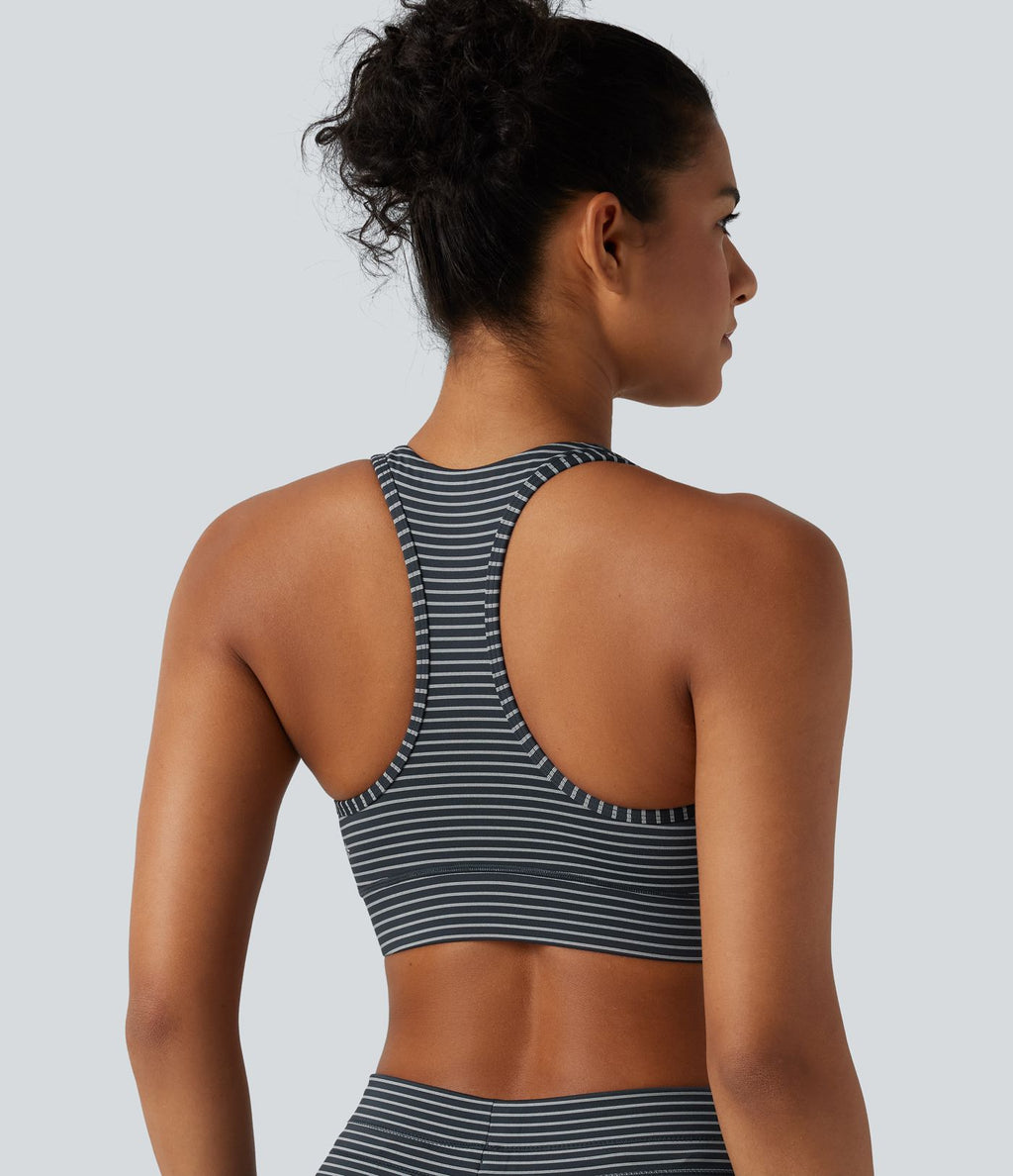 Brassière de sport col V dos nageur maintien moyen à rayures
