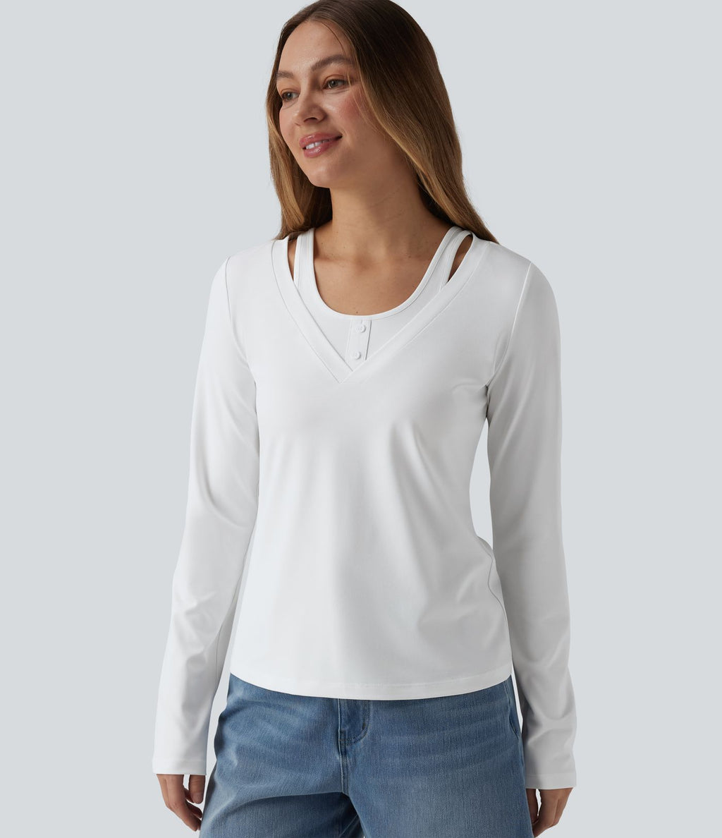 T-shirt casual 2-en-1 col V à manches longues