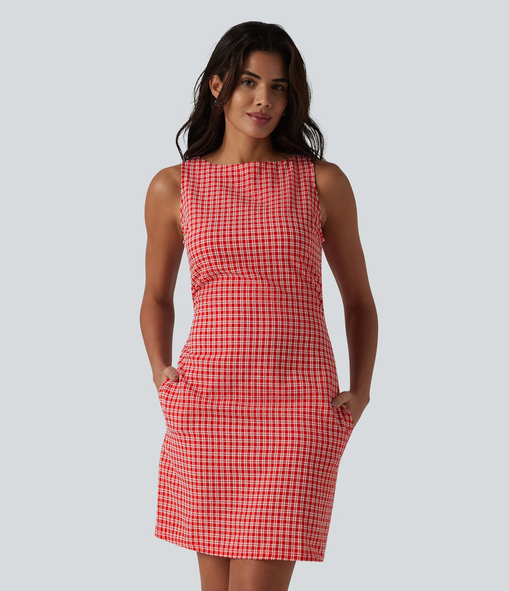Robe mini casual sans manches col bateau à carreaux vichy, avec poches