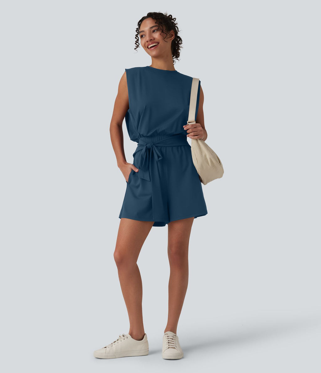 Combishort décontracté col rond sans manches effet frais InstantCool avec nœud frontal et poches, accès facile Easy Peasy, protection solaire UPF50+