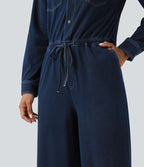 Combinaison denim délavé Halara Flex™ jambes larges manches longues avec cordon de serrage et poches - Édition Easy Peasy