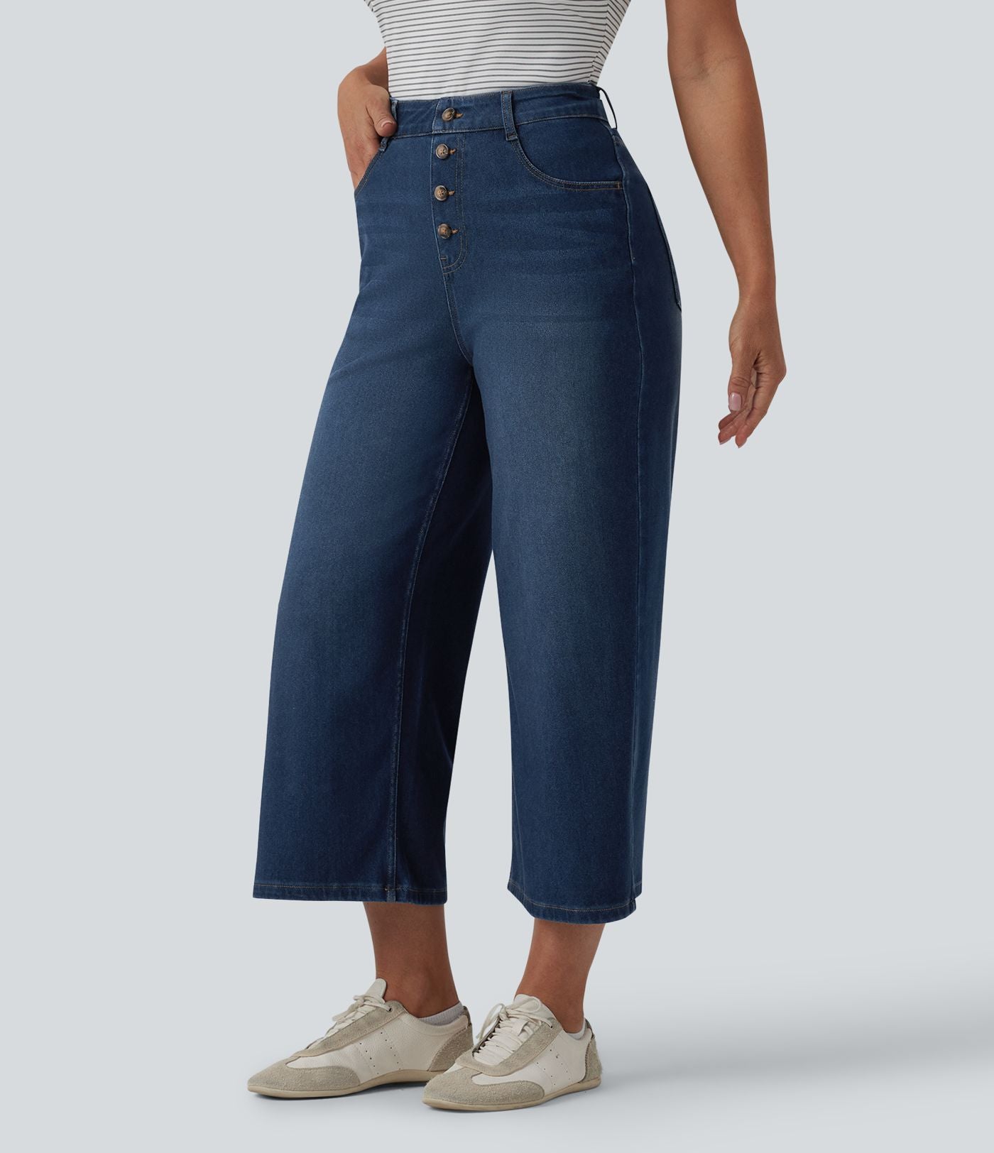 Halara Flex™ Jean large casual raccourci taille haute en lyocell drapé, avec poches