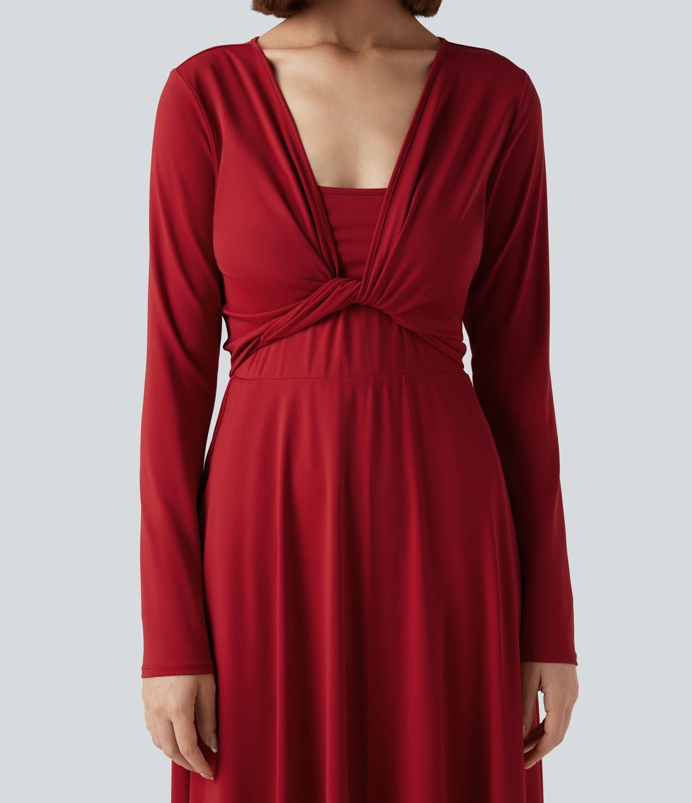 Robe mi-longue deux pièces à manches longues effet cache-cœur avec nœud au dos et poches