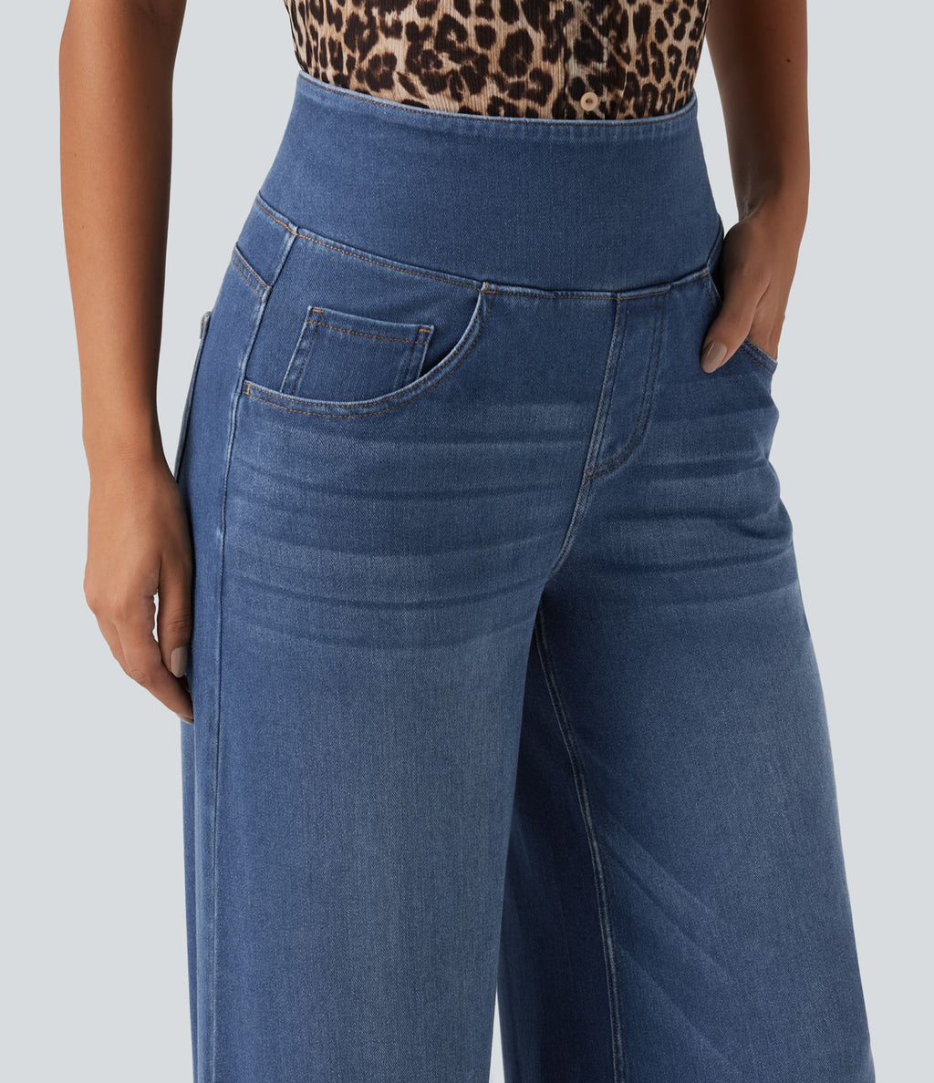 Halara Flex™ Jean large casual taille haute ventre plat, en lyocell drapé effet délavé, avec poches