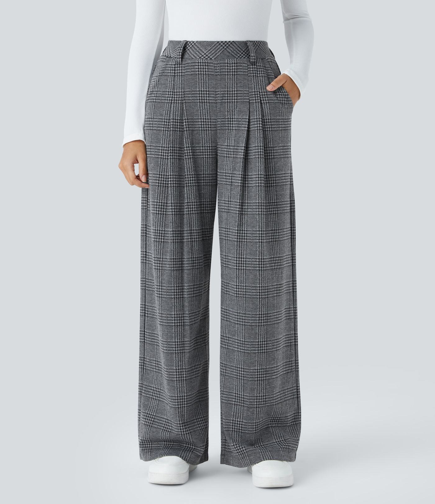 Pantalon taille haute décontracté large à carreaux, avec poches