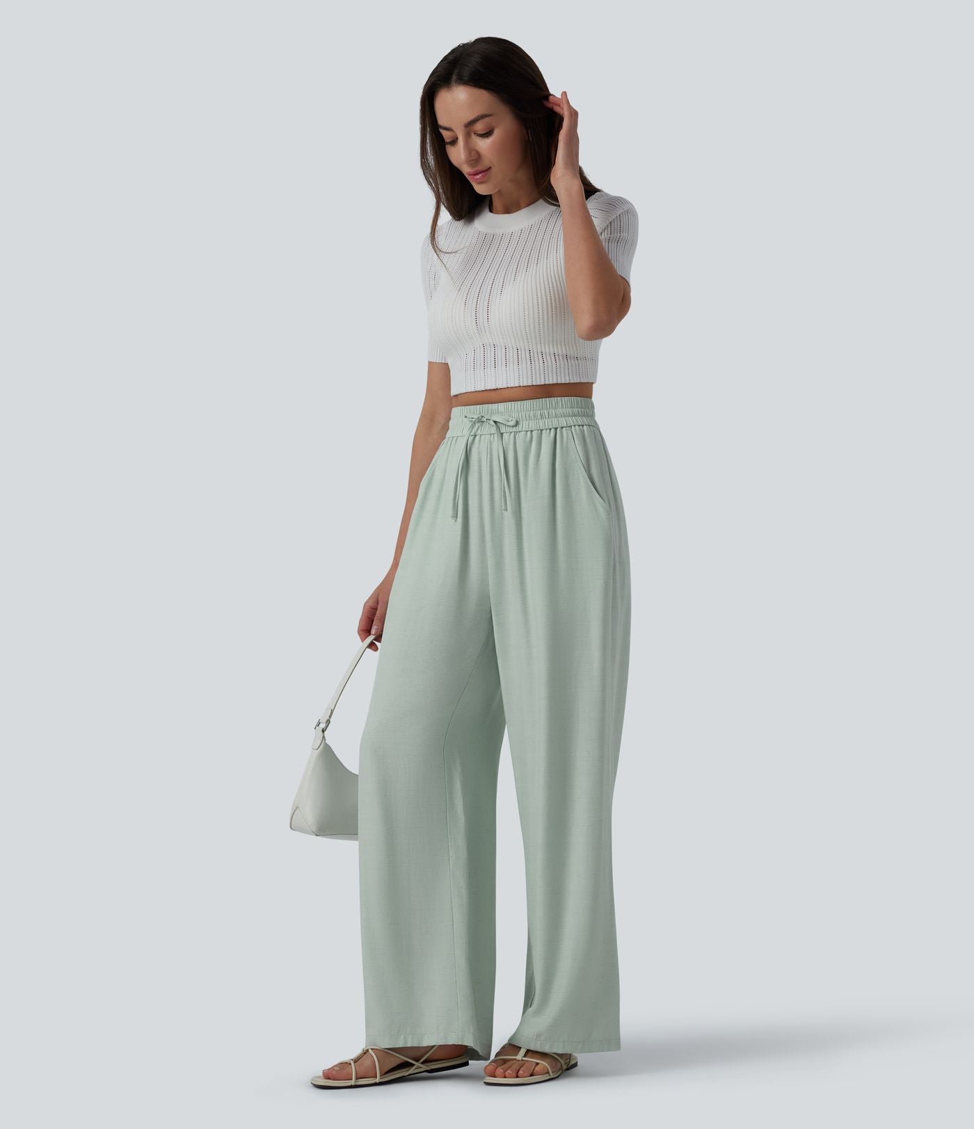 Pantalon casual large mélange lin taille haute avec cordon de serrage et poches