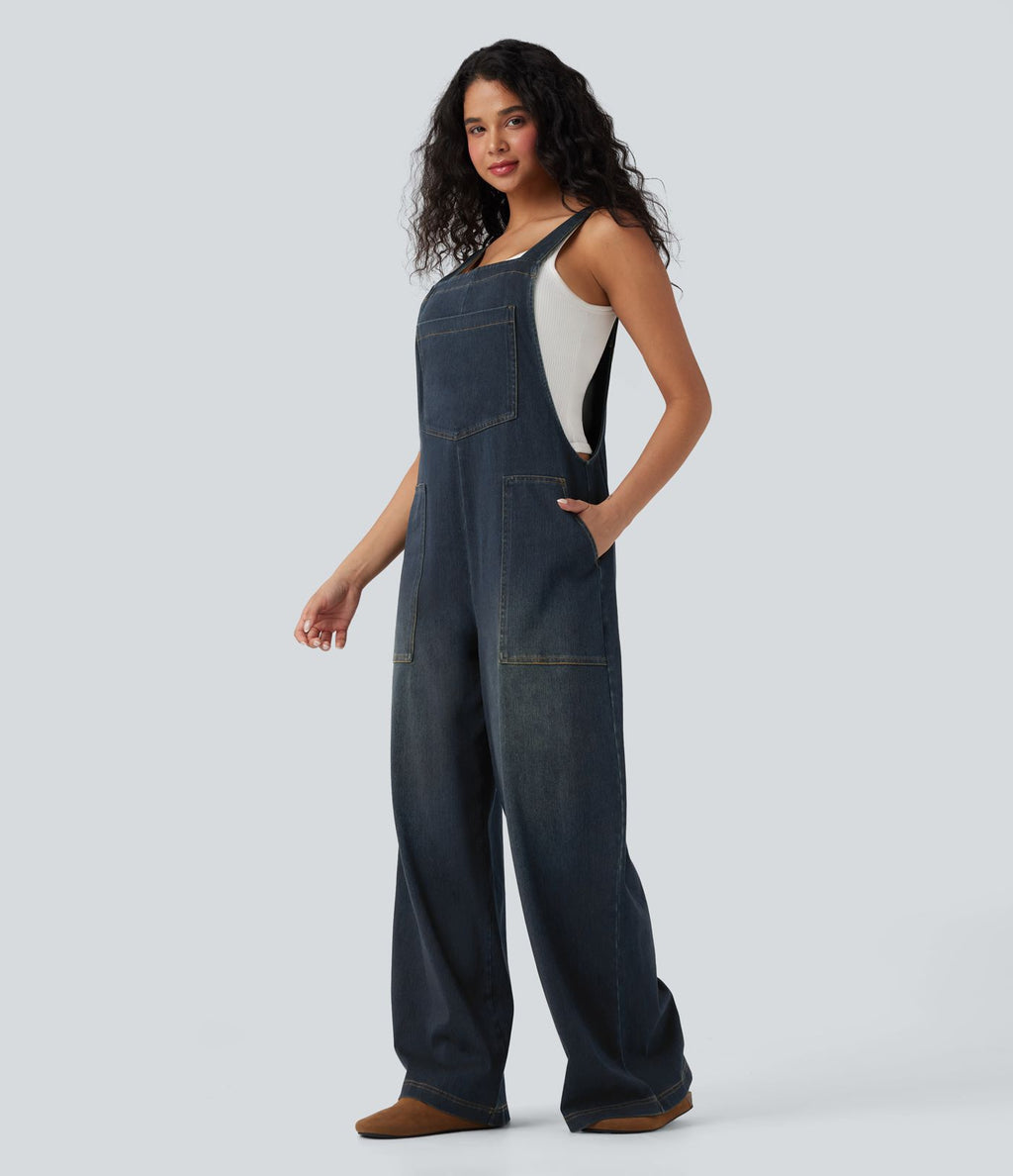 Salopette denim Halara Flex™ col carré effet délavé avec poches