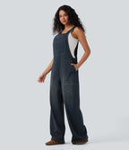 Salopette denim Halara Flex™ col carré effet délavé avec poches