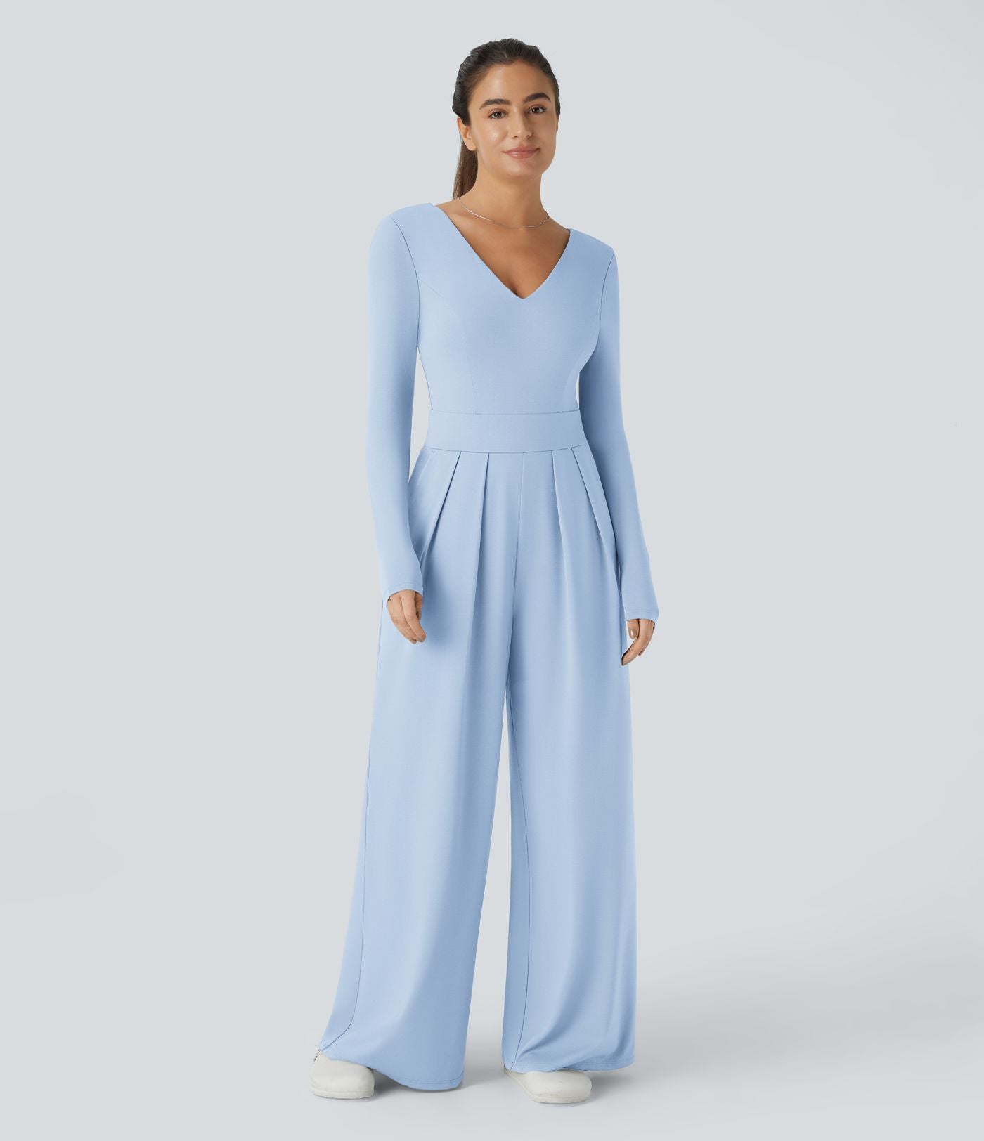 Combinaison Casual à Manches Longues Décolleté en V et Dos Nu Avec Poches Latérales Plissées et Jambes Larges
