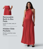 Robe longue côtelée à dos nageur, brassière intégrée et poches