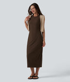 Robe midi moulante décontractée côtelée à col rond sans manches avec soutien-gorge intégré