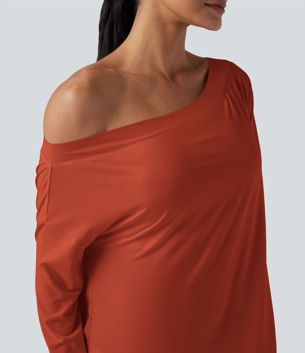 Top de sport yoga une épaule séchage rapide ourlet arrondi asymétrique manches longues avec trous pouces - Brassière intégrée