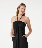 Robe midi dos nu à col halter avec lien noué au dos et poches
