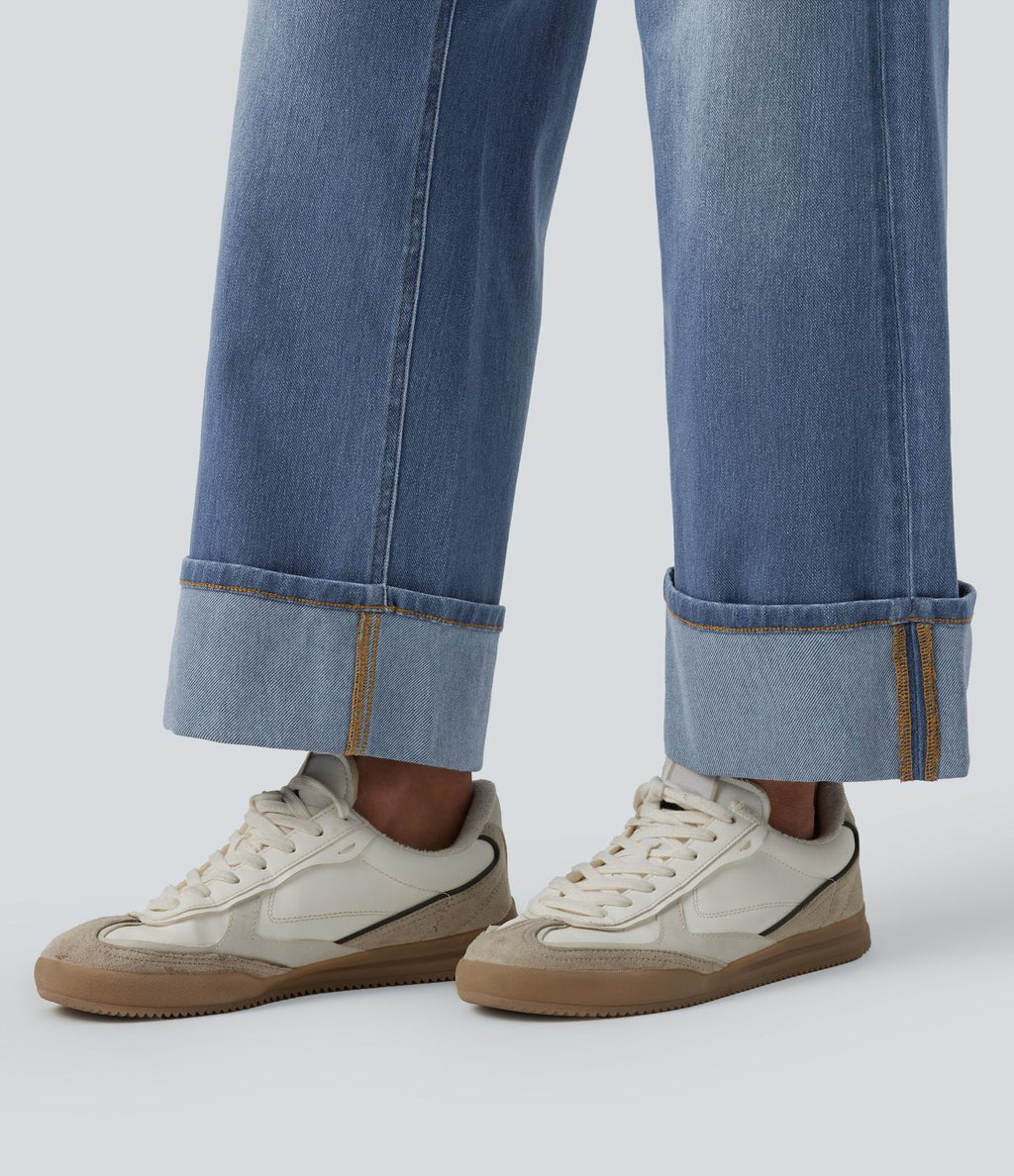 Jean large 7/8 décontracté Halara Flex™ délavé gainant taille haute ourlet roulotté avec poches