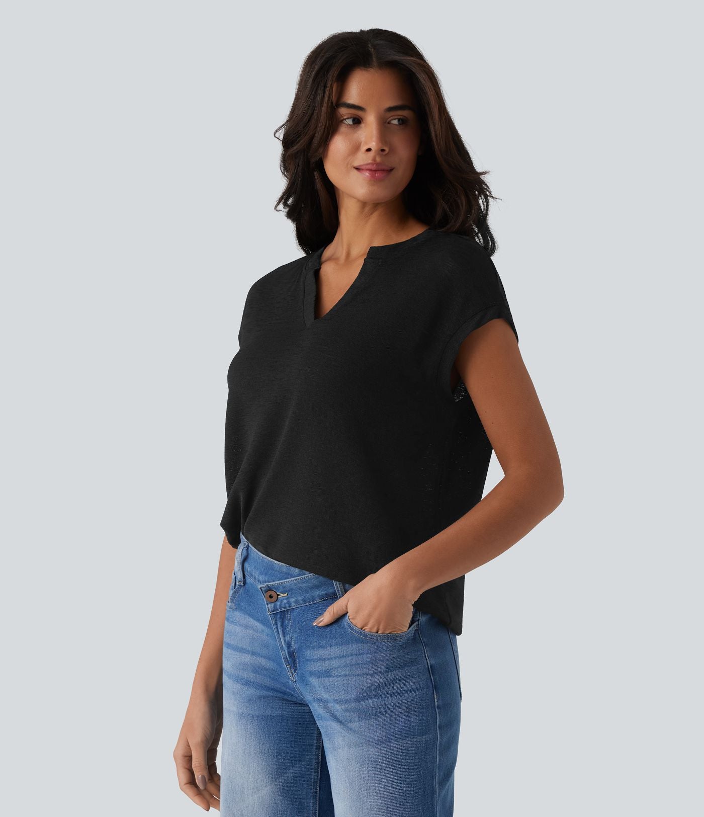 T-shirt décontracté semi-transparent col cranté manches courtes