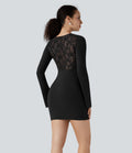 Robe de soirée moulante courte SoftlyZero™ dentelle contrastante manches longues froncée - UPF50+