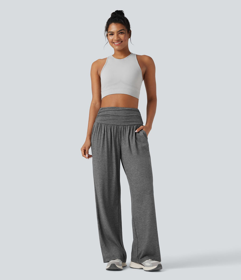 Pantalon de yoga large froncé chiné taille haute avec poches